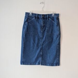 J. Crew Patch Pockets Front Slit Stretch Denim Skirt Size 4 Blue Jean